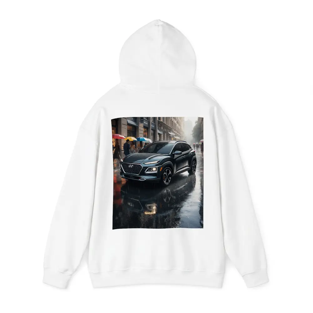 Hyundai Kona Parked On Rainy City Street – Hoodies
