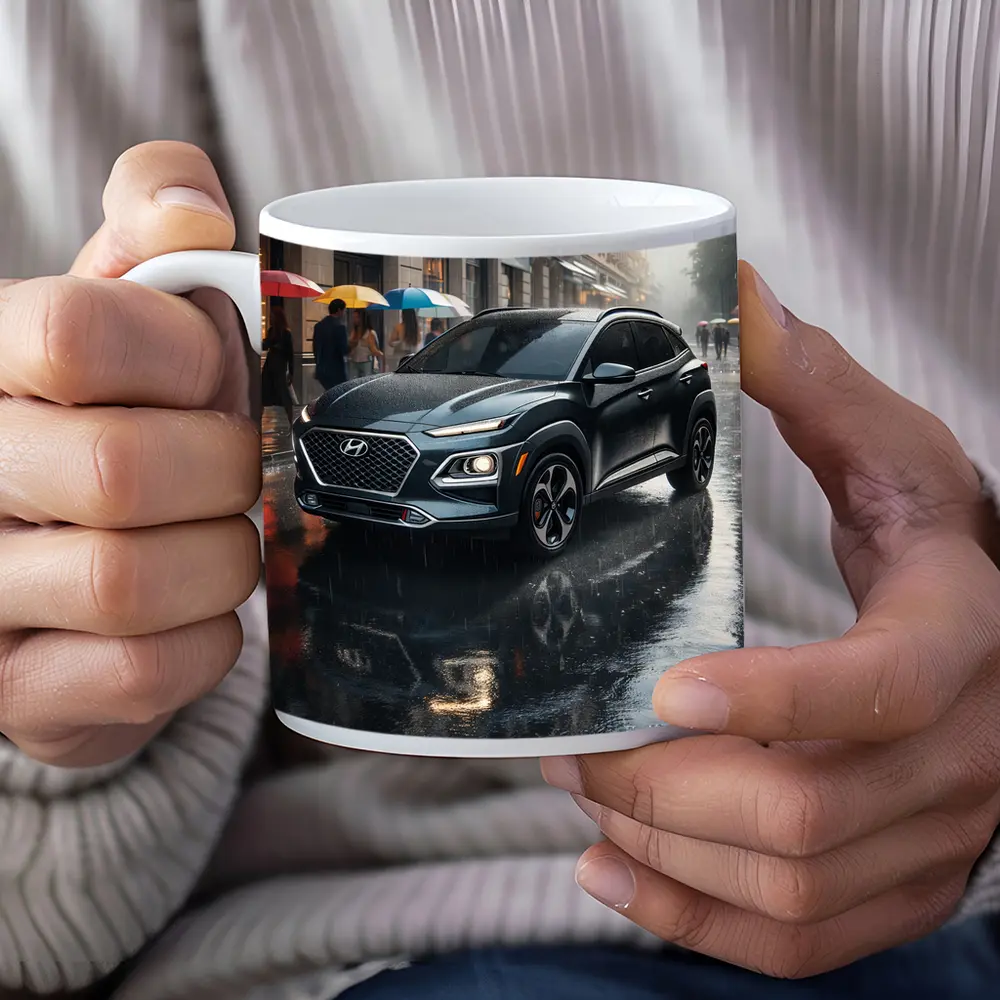 Hyundai Kona Parked On Rainy City Street – Mugs
