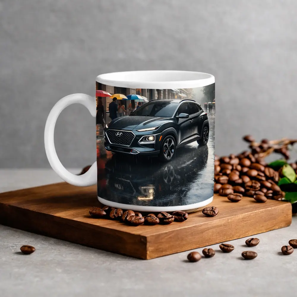 Hyundai Kona Parked On Rainy City Street – Mugs