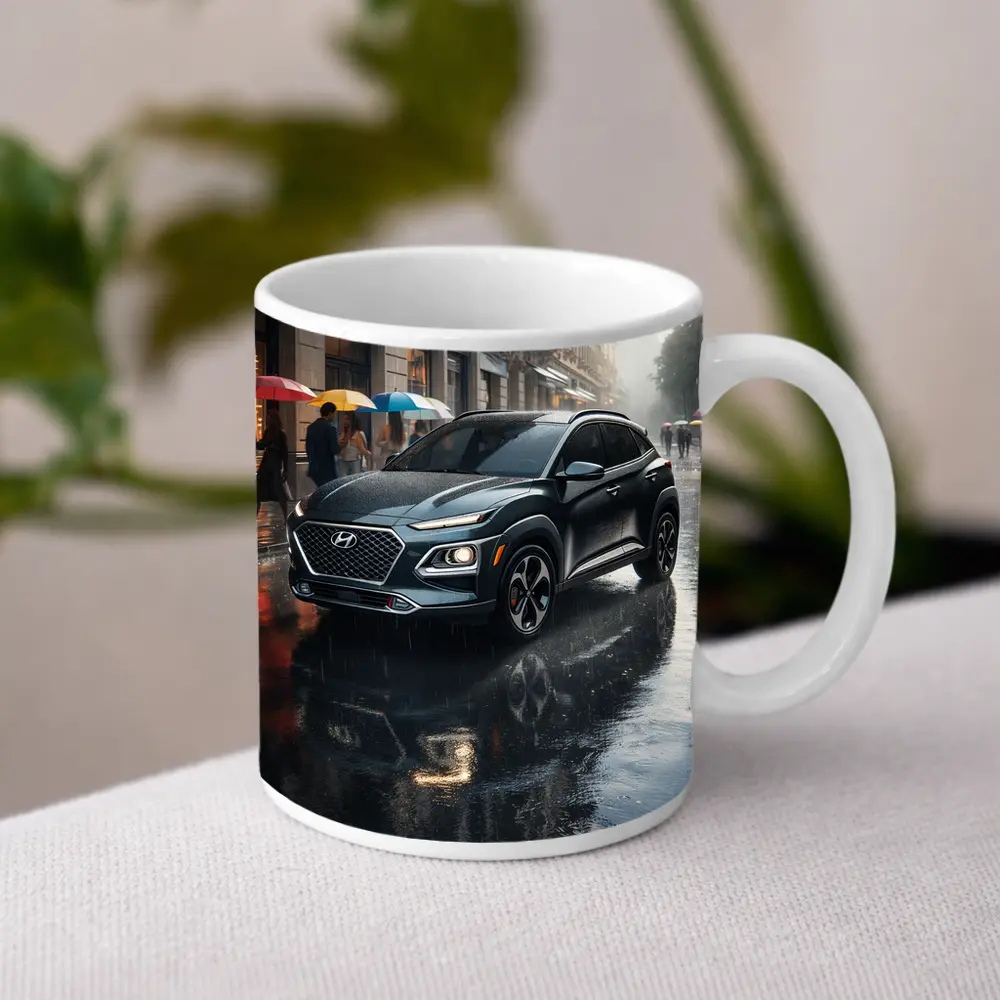 Hyundai Kona Parked On Rainy City Street – Mugs