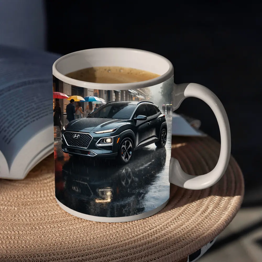 Hyundai Kona Parked On Rainy City Street – Mugs