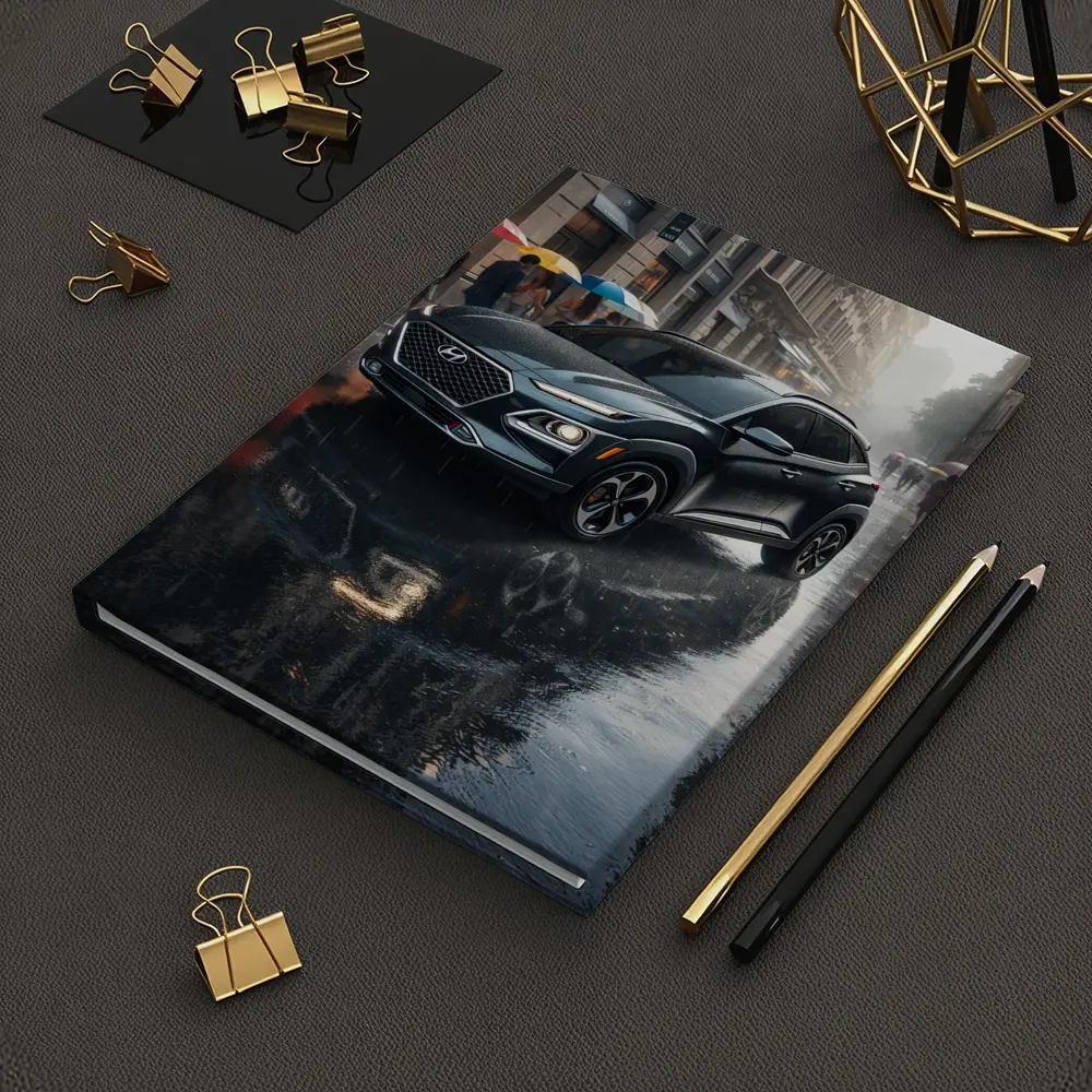 Hyundai Kona Parked On Rainy City Street – Notebooks