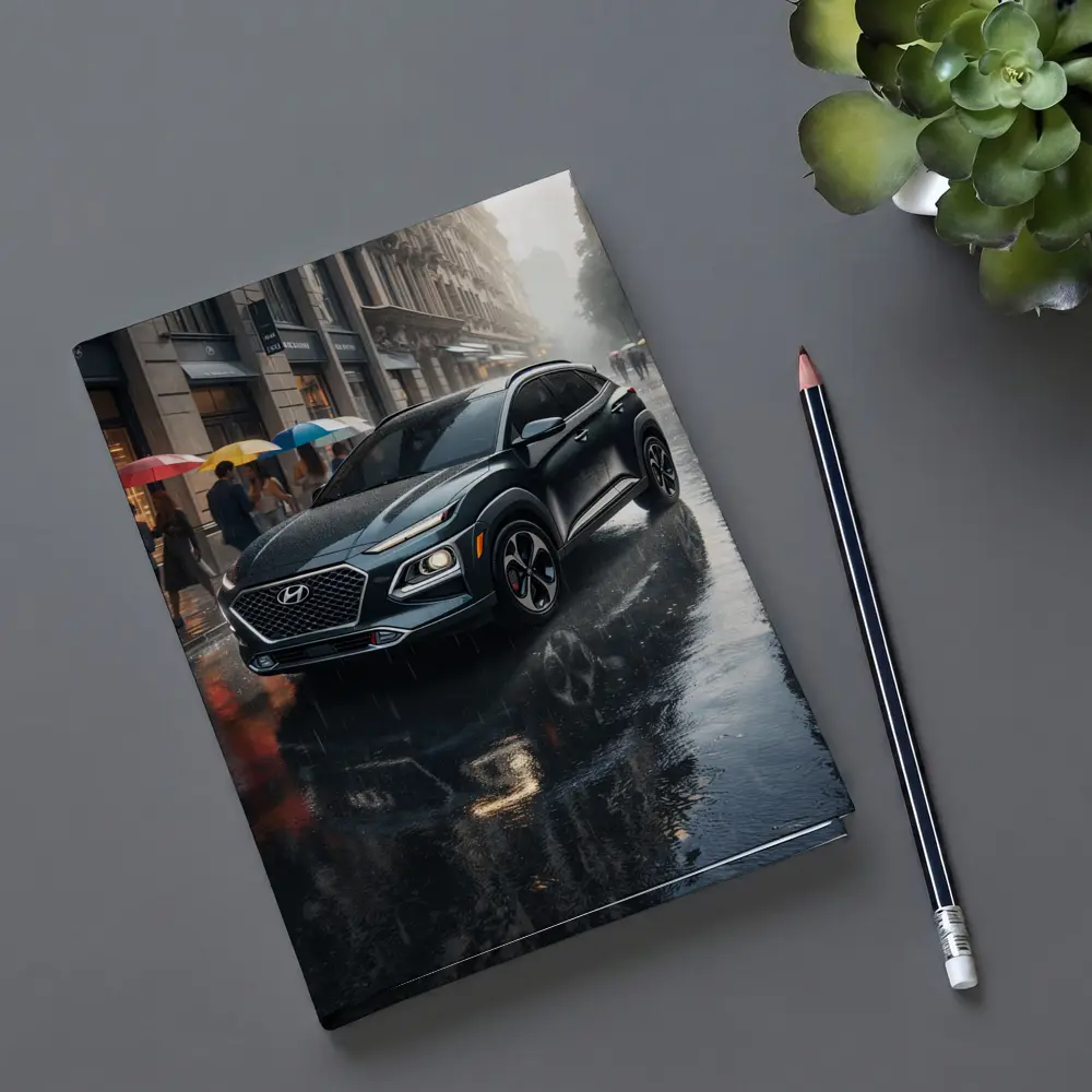Hyundai Kona Parked On Rainy City Street – Notebooks