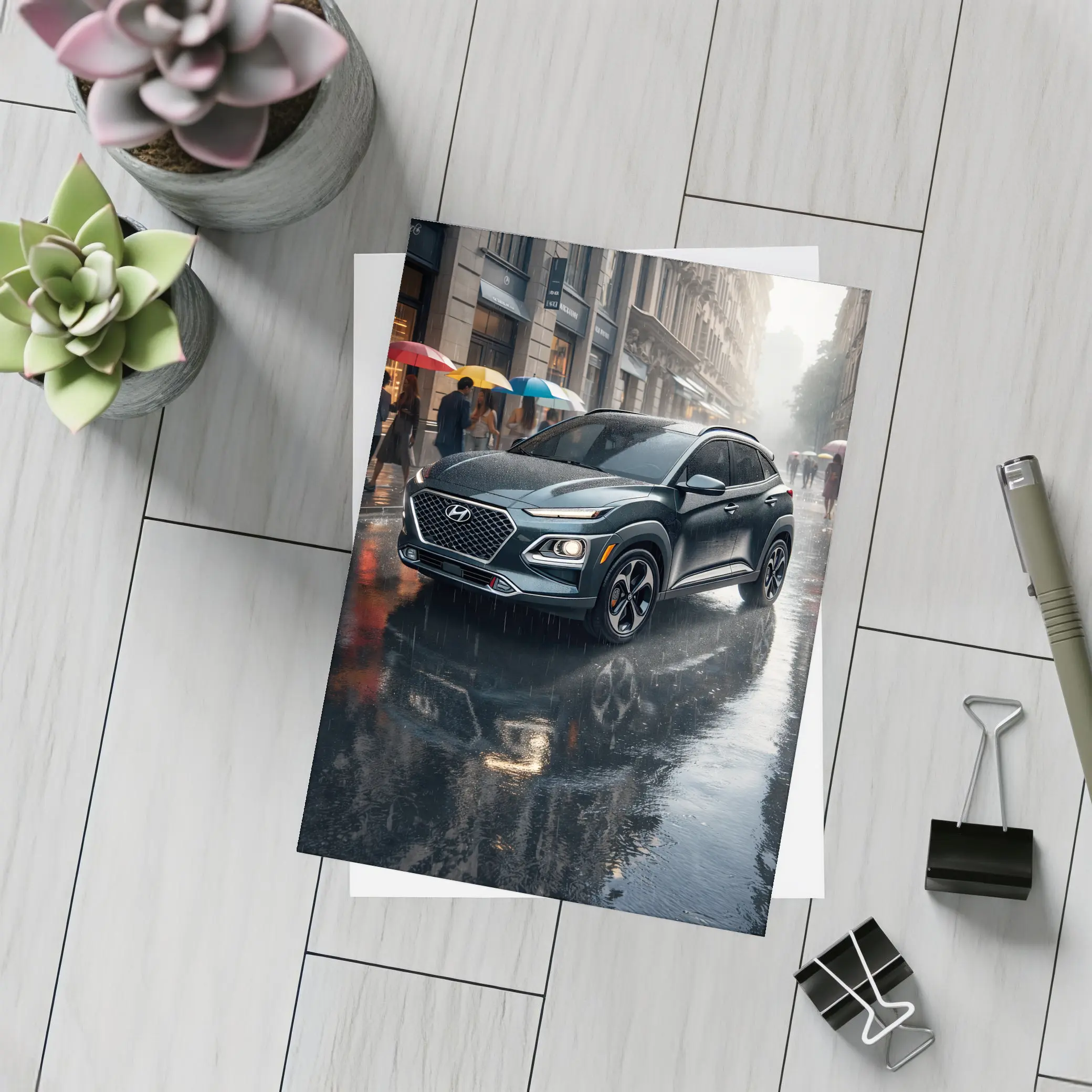 Hyundai Kona Parked On Rainy City Street – Postcards