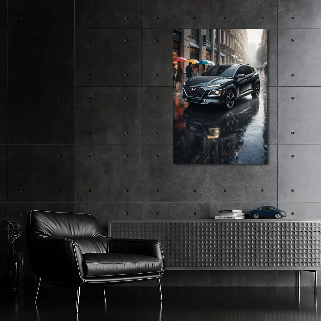 Hyundai Kona Parked On Rainy City Street – Wall Art