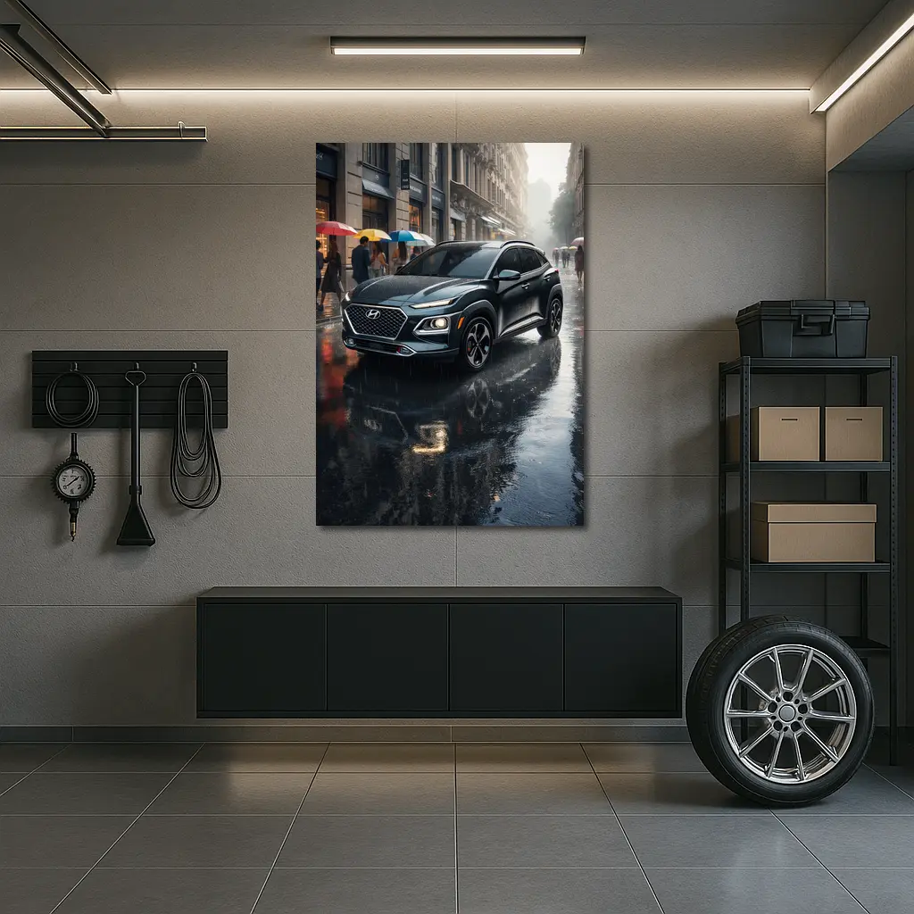 Hyundai Kona Parked On Rainy City Street – Wall Art