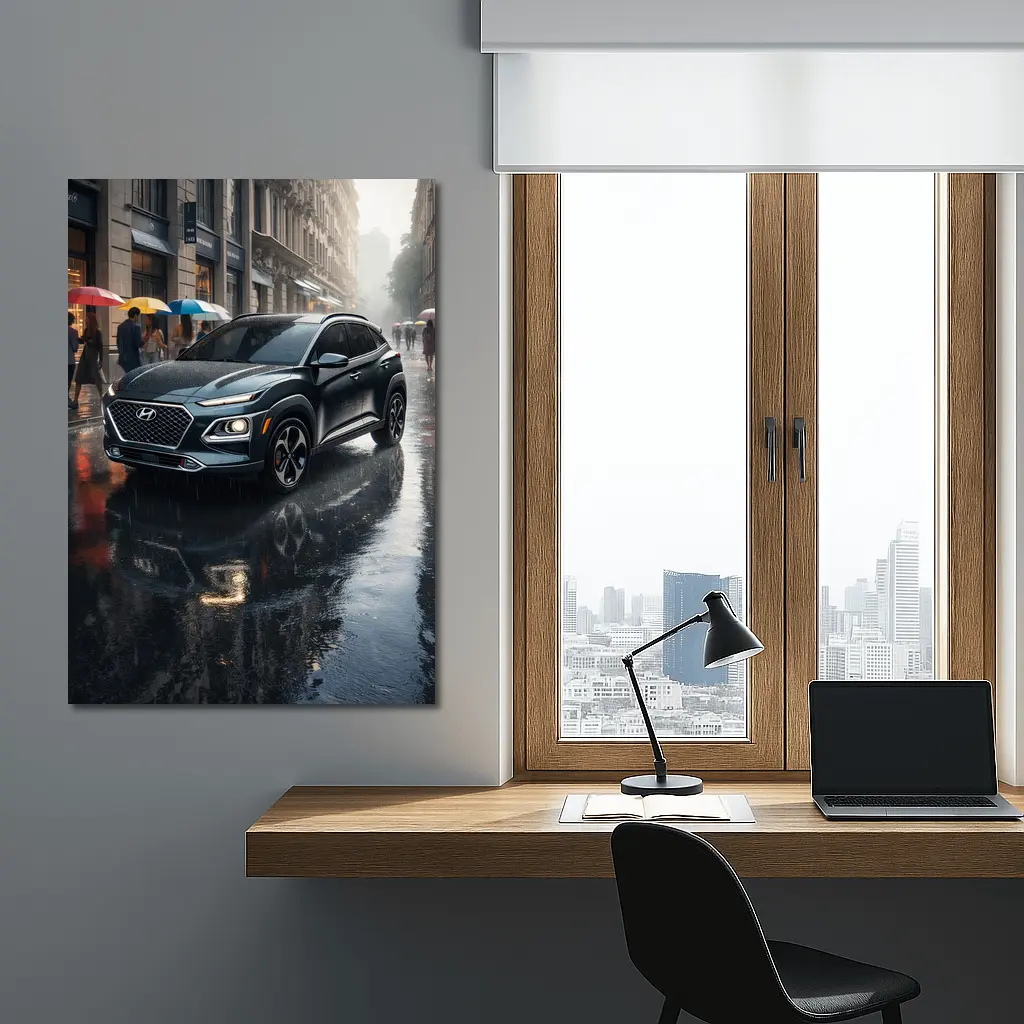 Hyundai Kona Parked On Rainy City Street – Wall Art
