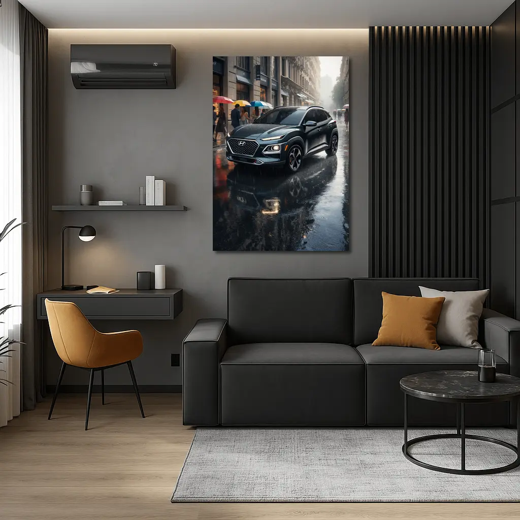 Hyundai Kona Parked On Rainy City Street – Wall Art