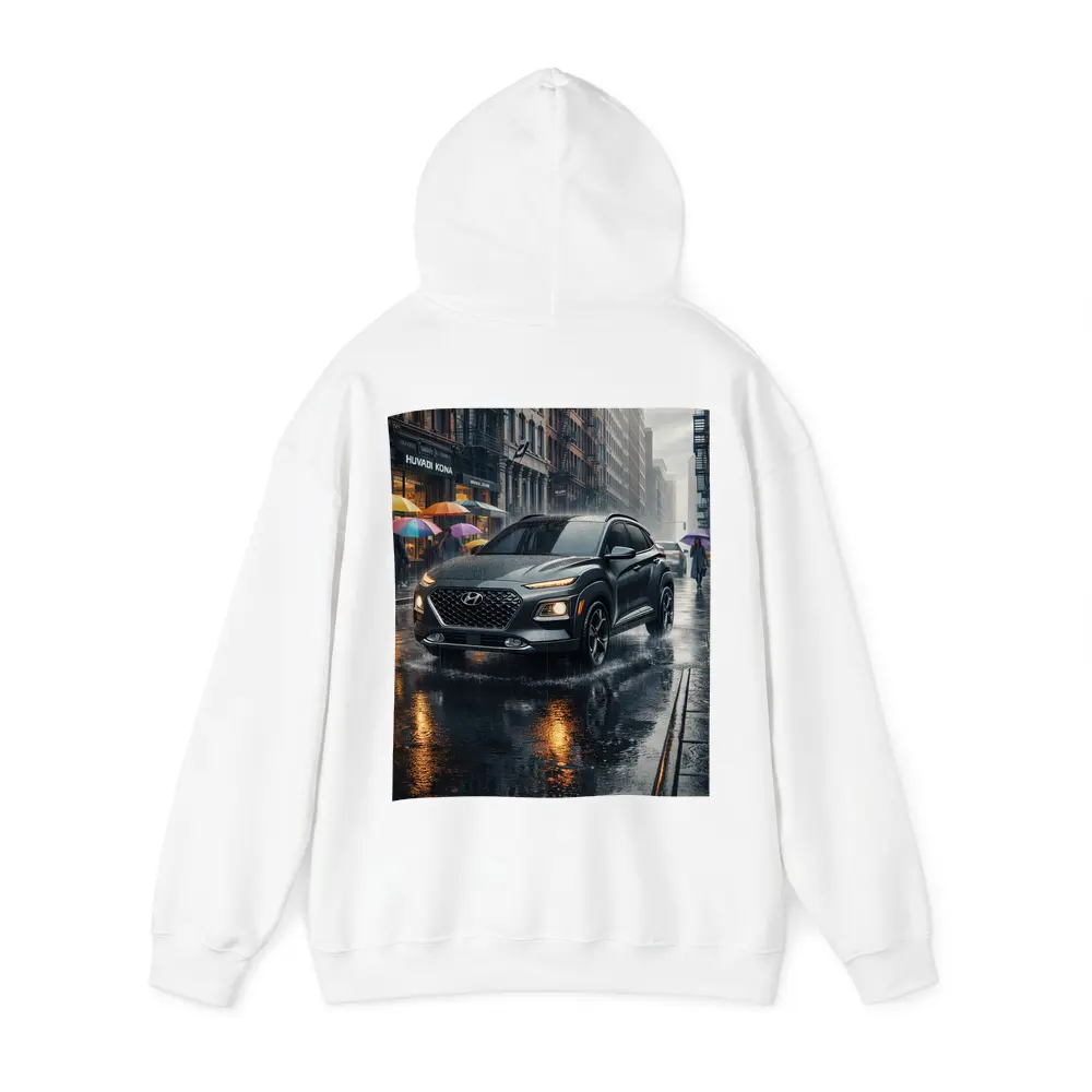 Hyundai Kona Rainy City Street Scene – Hoodies