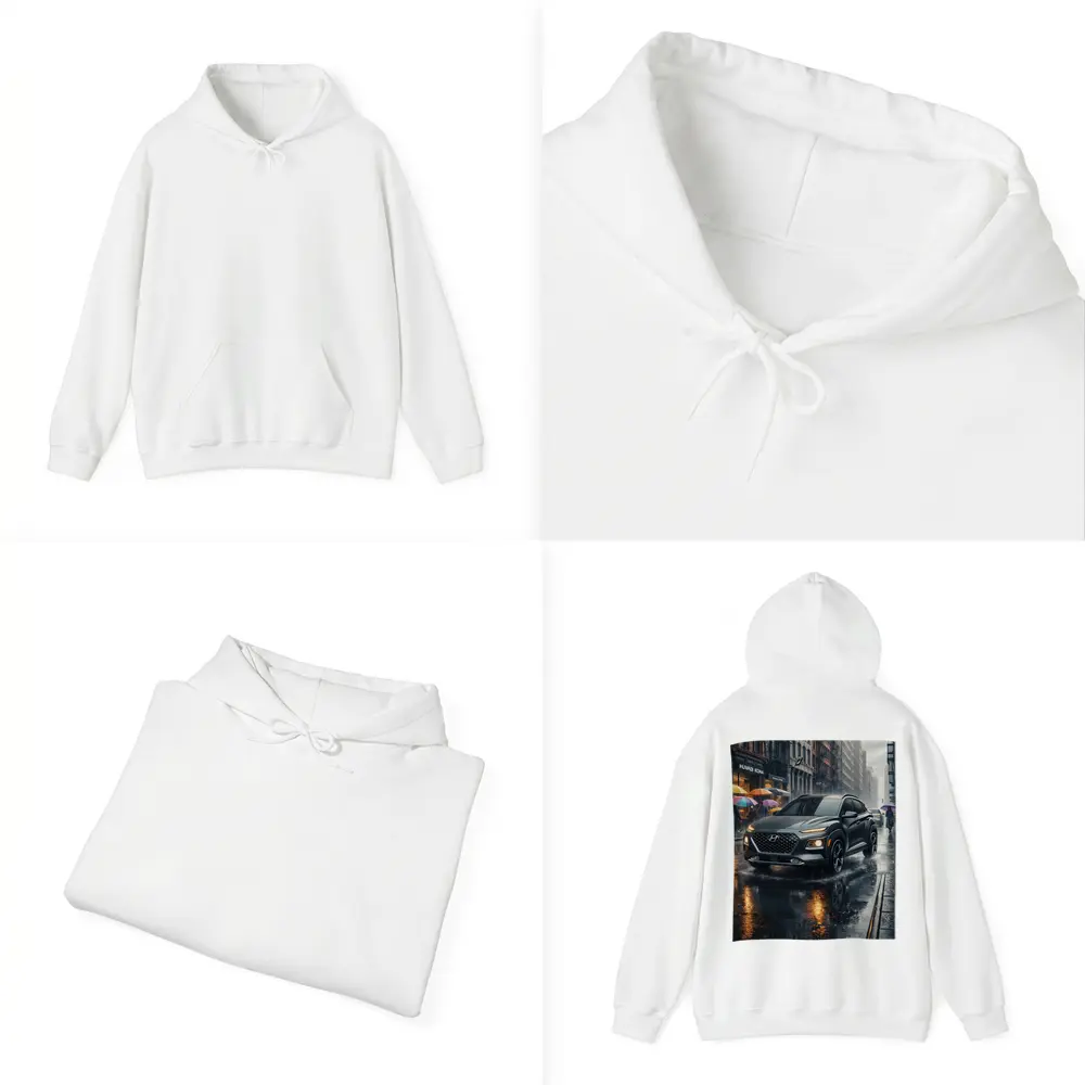 Hyundai Kona Rainy City Street Scene – Hoodies