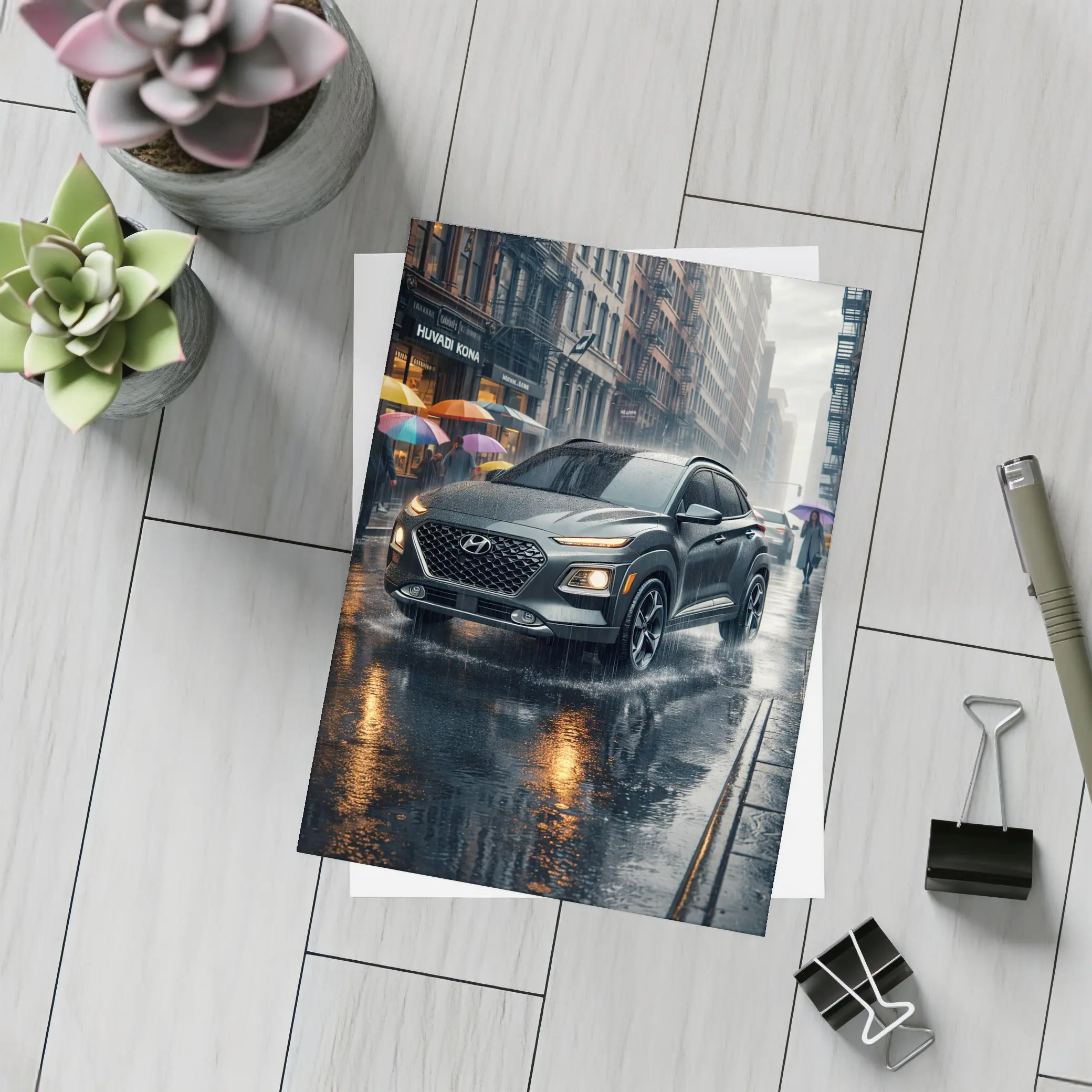 Hyundai Kona Rainy City Street Scene – Postcards