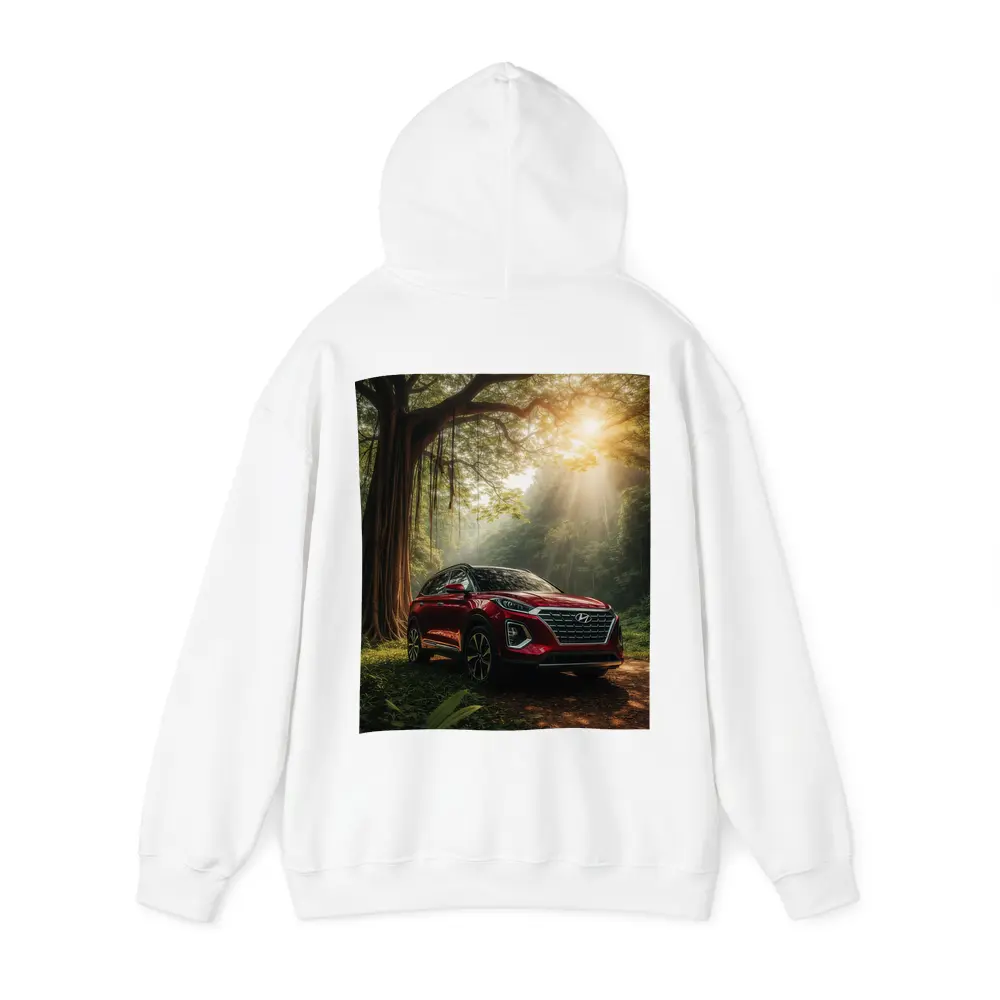 Hyundai SUV Parked in Sunlit Forest – Hoodies