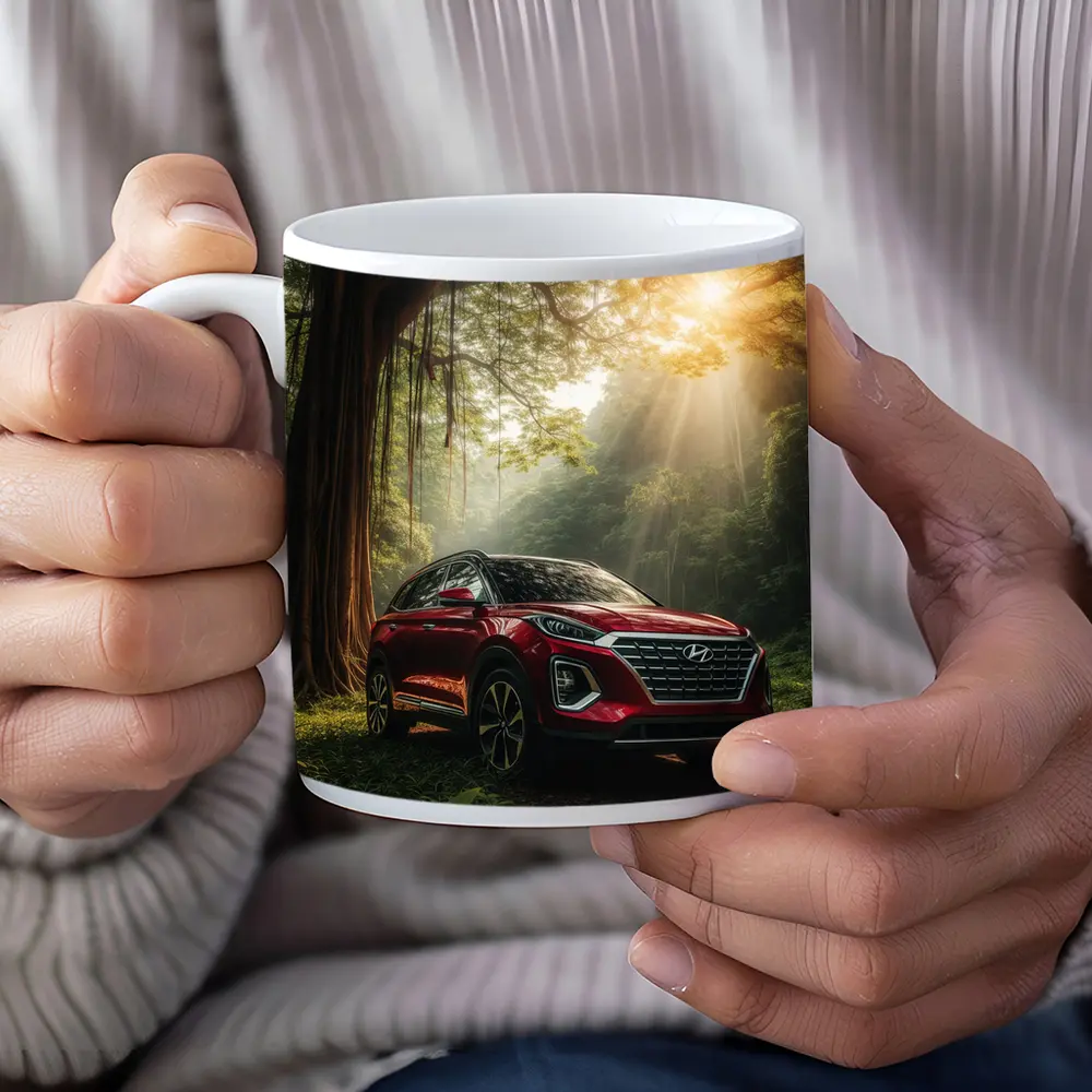 Hyundai SUV Parked in Sunlit Forest – Mugs