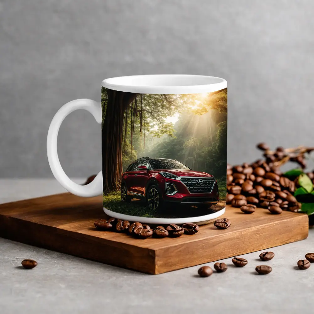 Hyundai SUV Parked in Sunlit Forest – Mugs