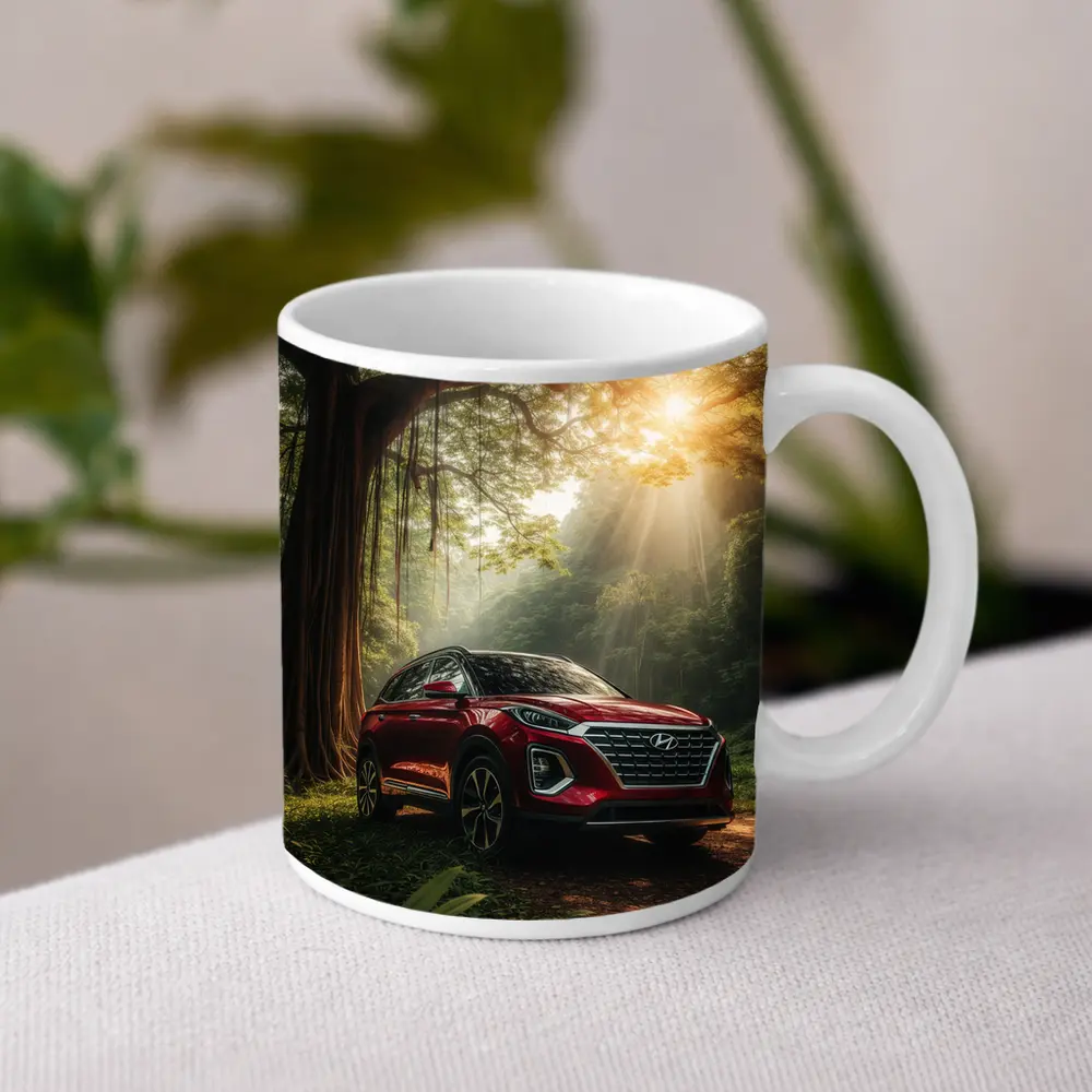 Hyundai SUV Parked in Sunlit Forest – Mugs