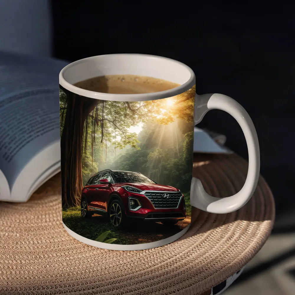 Hyundai SUV Parked in Sunlit Forest – Mugs