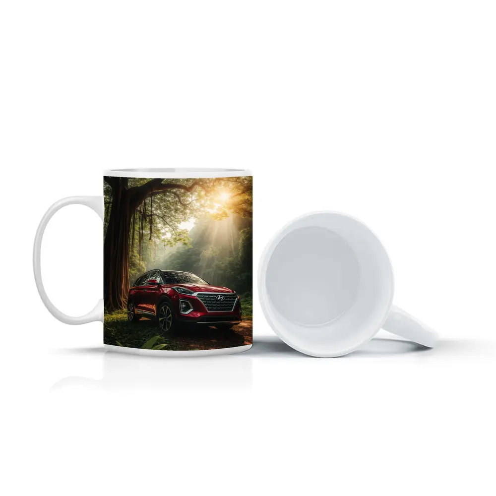 Hyundai SUV Parked in Sunlit Forest – Mugs