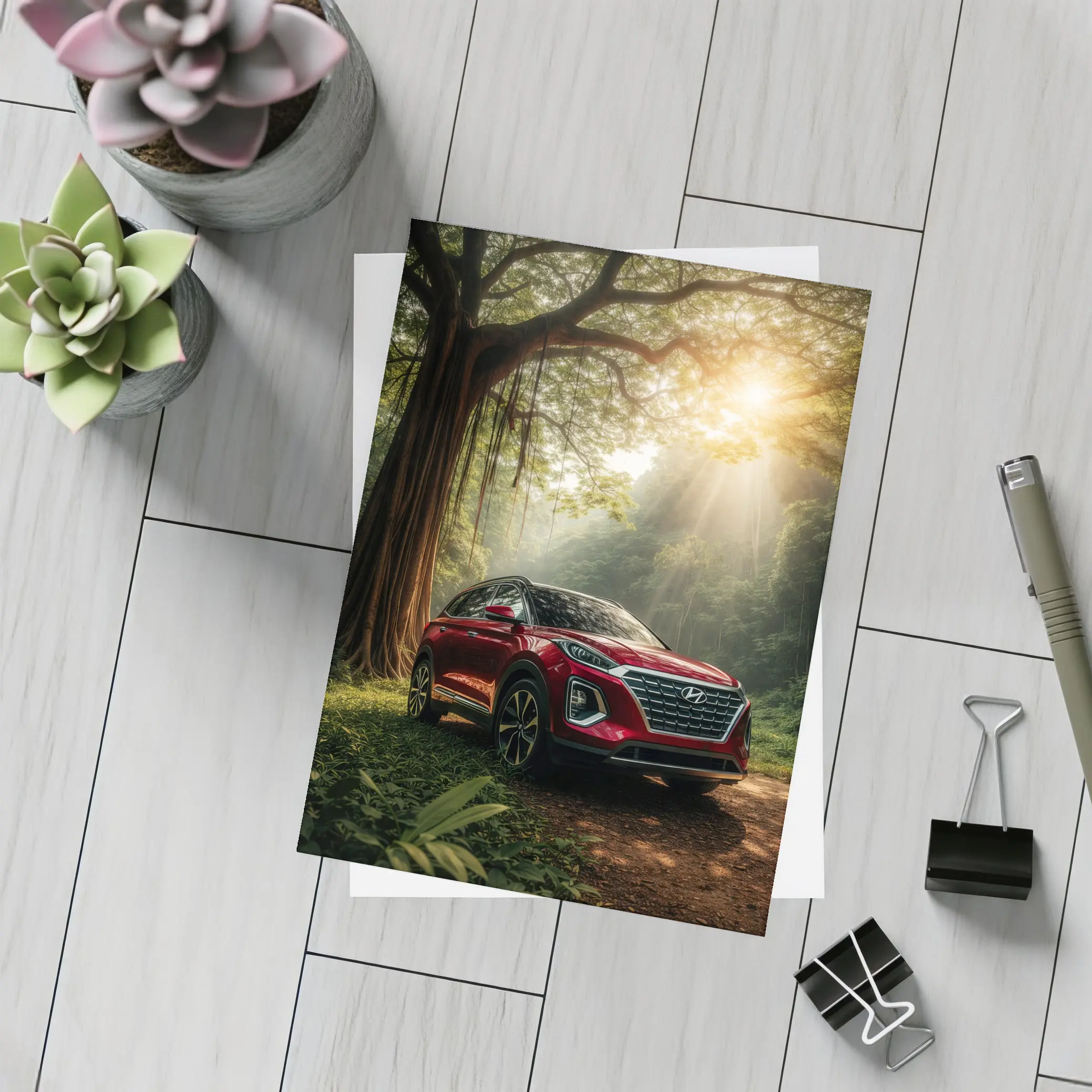 Hyundai SUV Parked in Sunlit Forest – Postcards