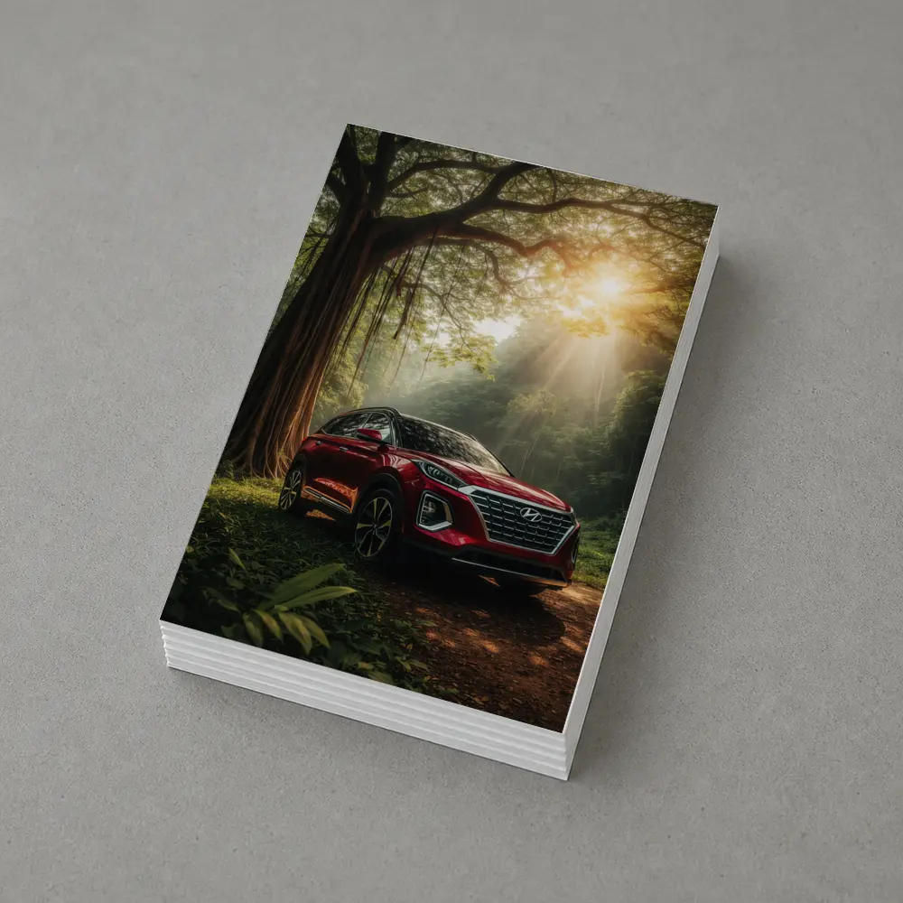Hyundai SUV Parked in Sunlit Forest – Postcards