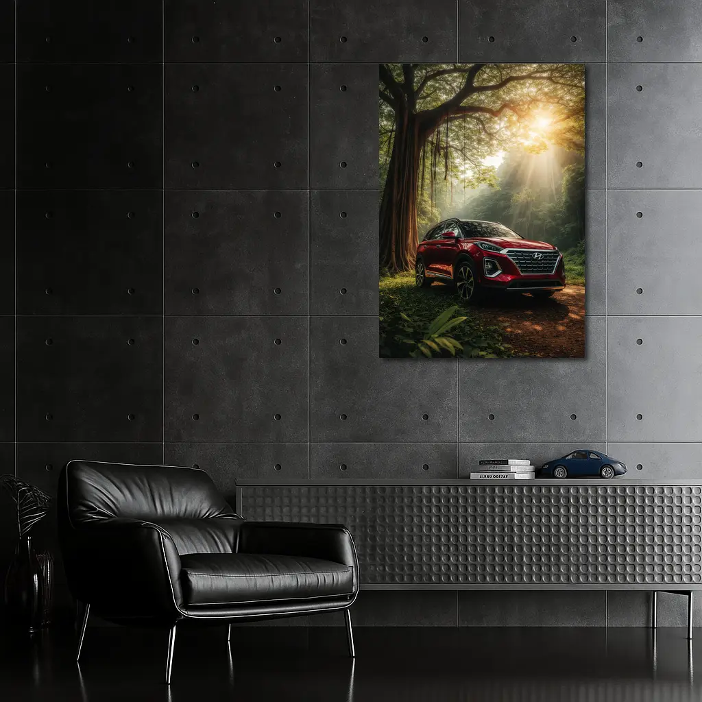Hyundai SUV Parked in Sunlit Forest – Wall Art
