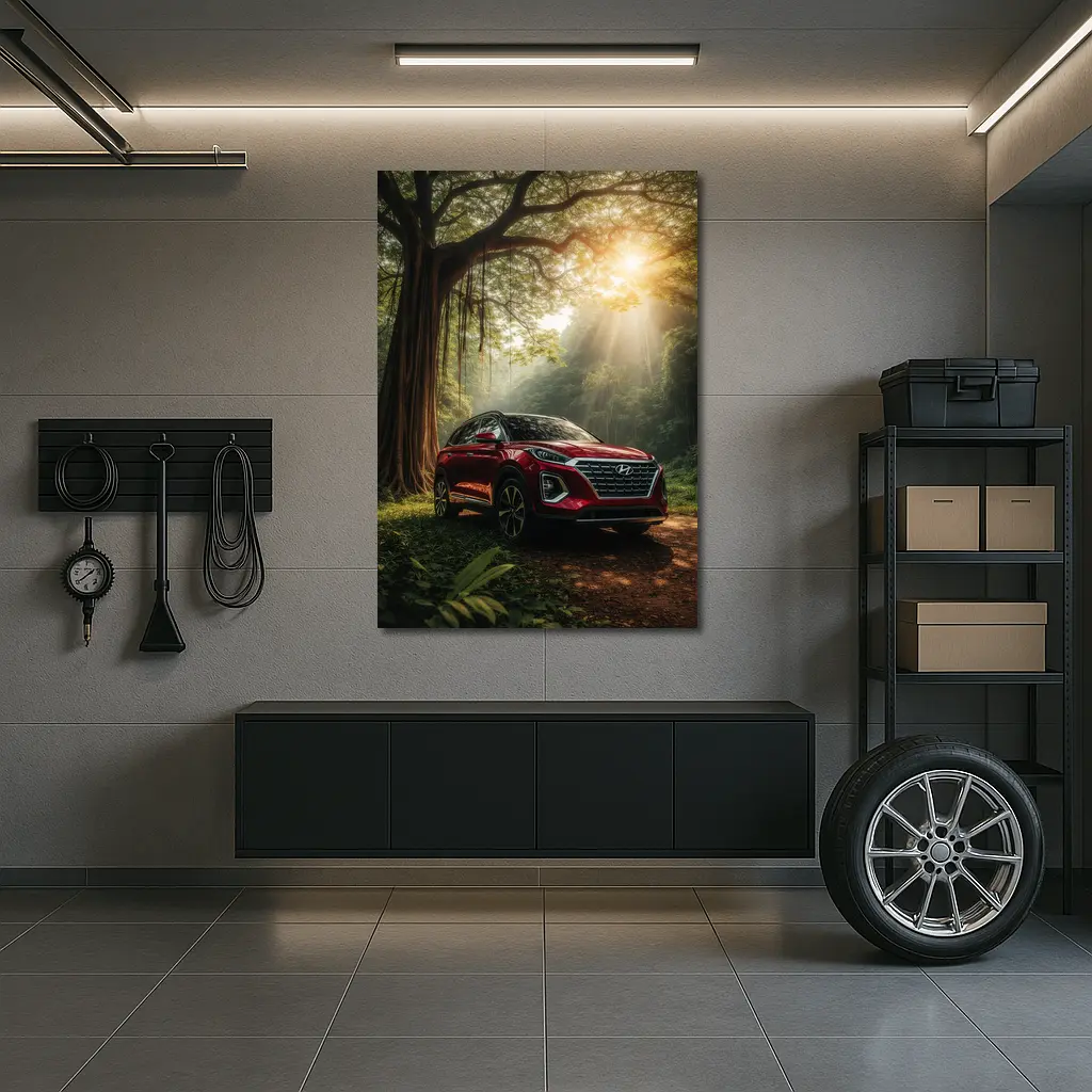 Hyundai SUV Parked in Sunlit Forest – Wall Art