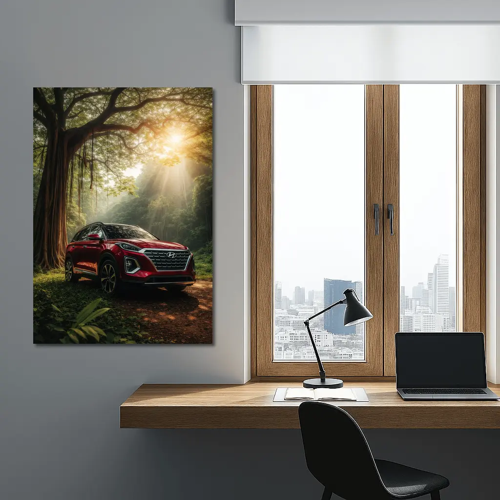Hyundai SUV Parked in Sunlit Forest – Wall Art