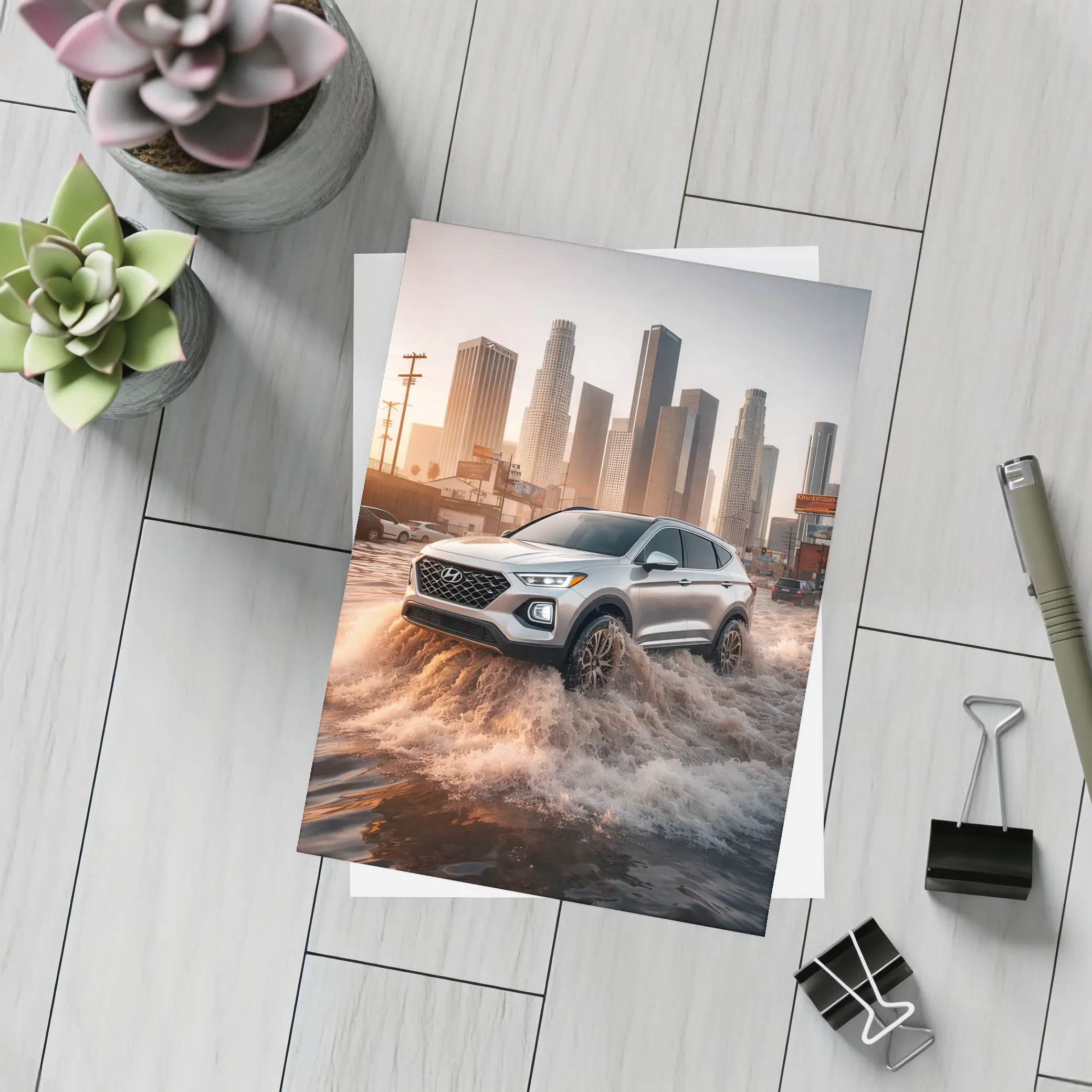 Hyundai Santa Fe Driving Flooded Los Angeles Streets – Postcards