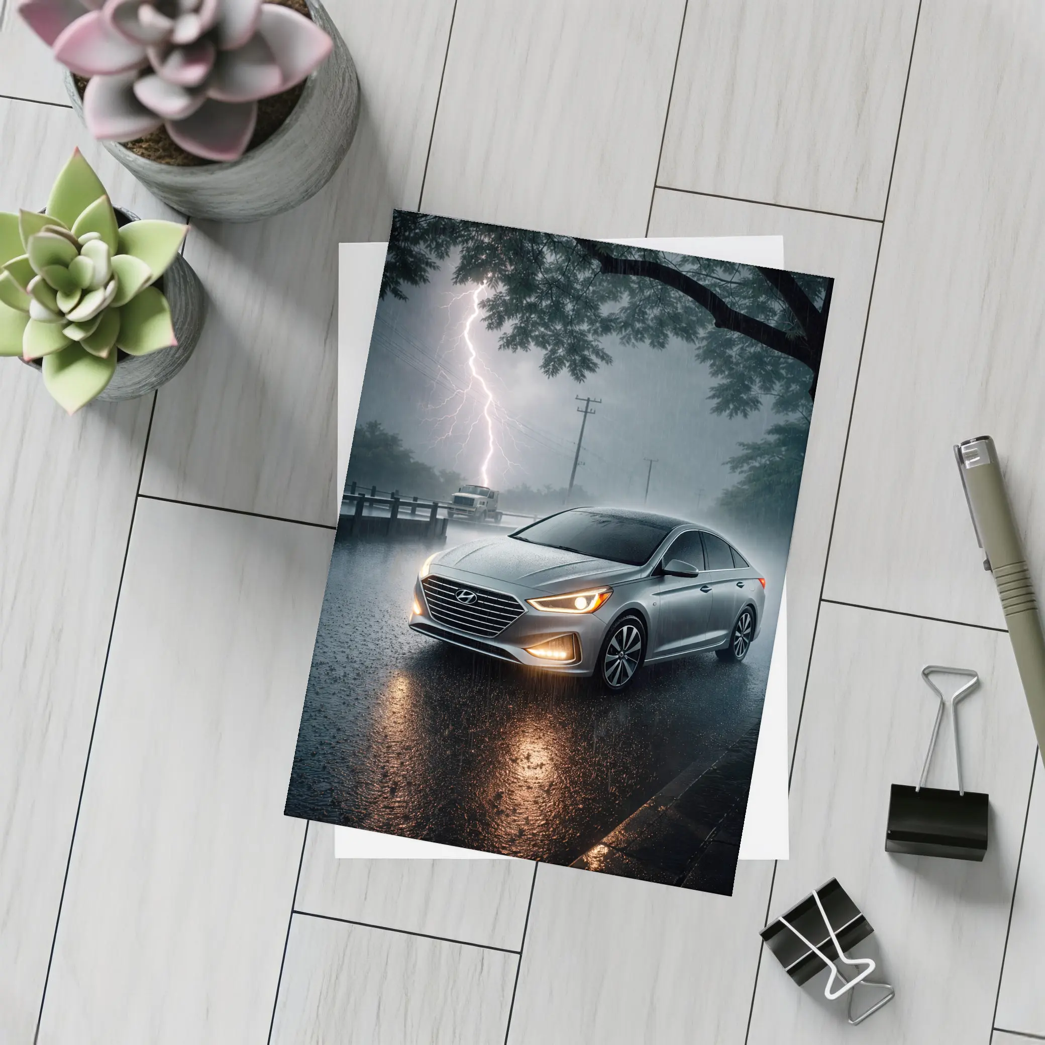 Hyundai Sonata Silver Sedan Stormy Night – Postcards