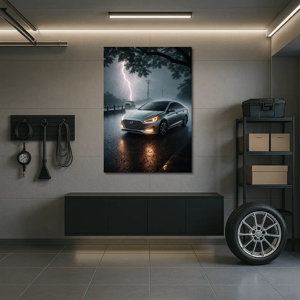 Hyundai Sonata Silver Sedan Stormy Night – Wall Art