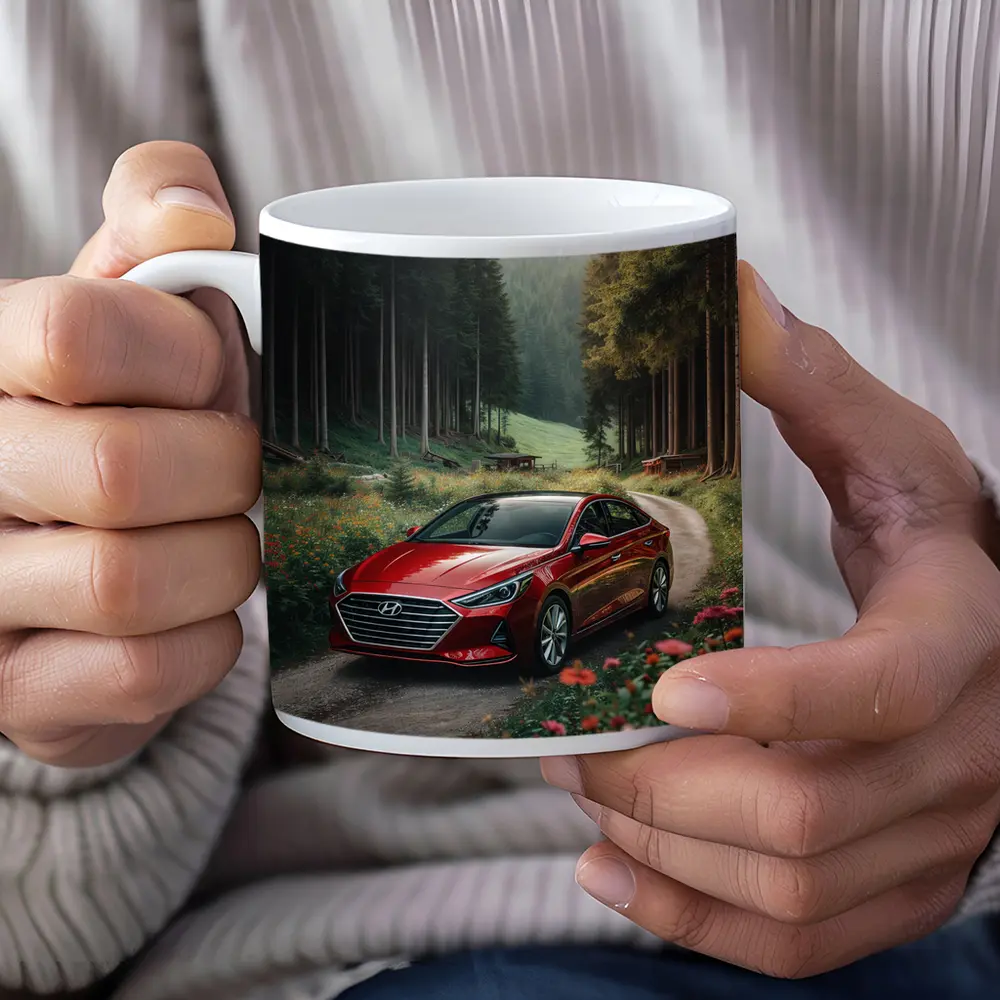 Hyundai Sonata Red Sedan Forest Road – Mugs