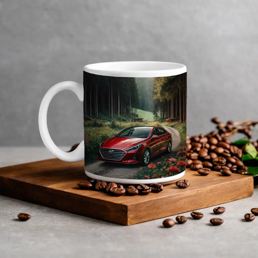 Hyundai Sonata Red Sedan Forest Road – Mugs