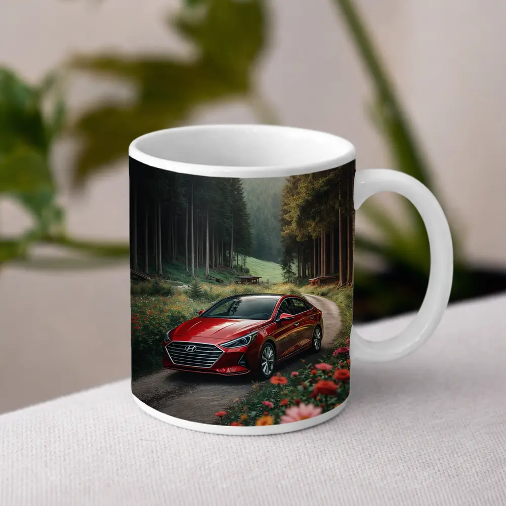 Hyundai Sonata Red Sedan Forest Road – Mugs
