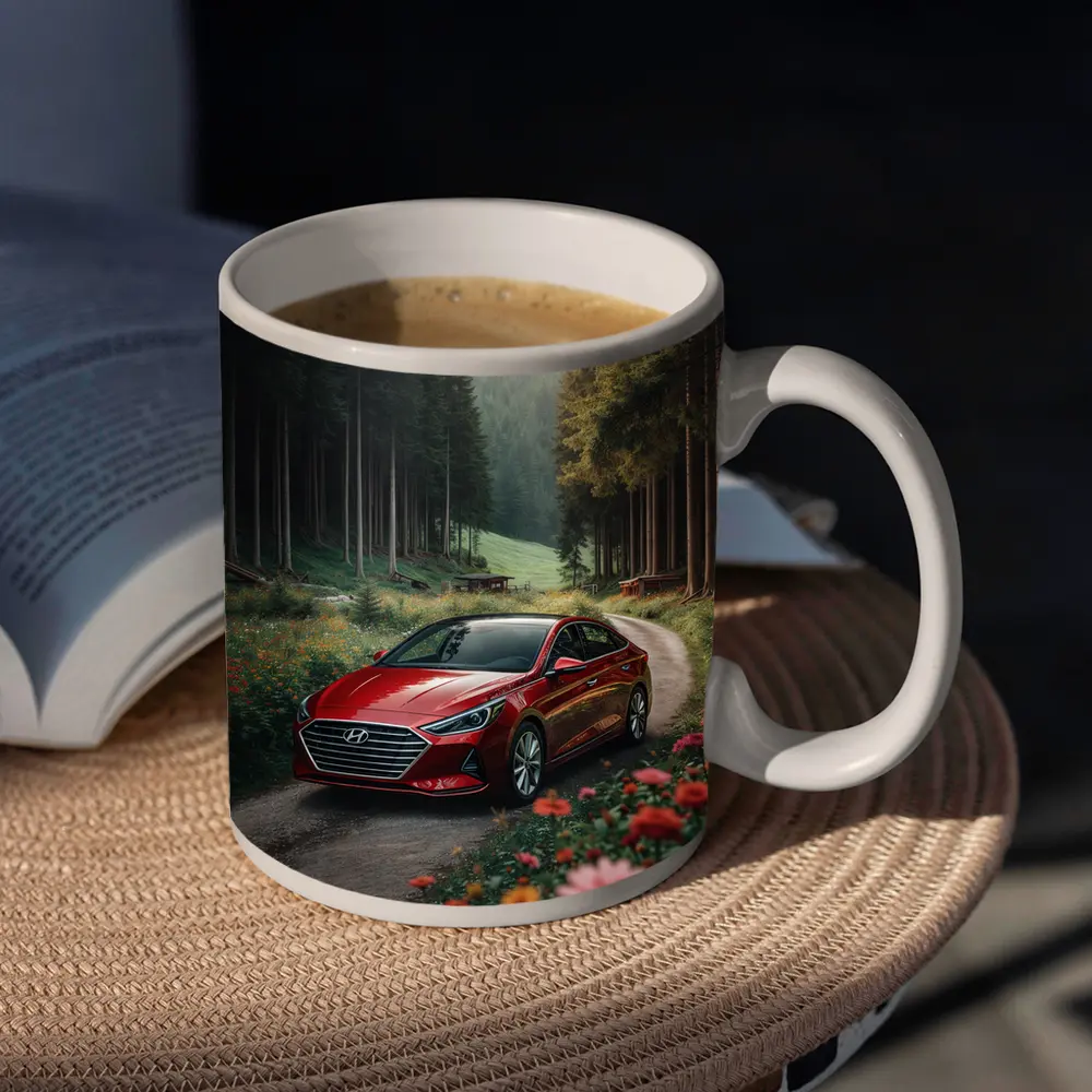 Hyundai Sonata Red Sedan Forest Road – Mugs