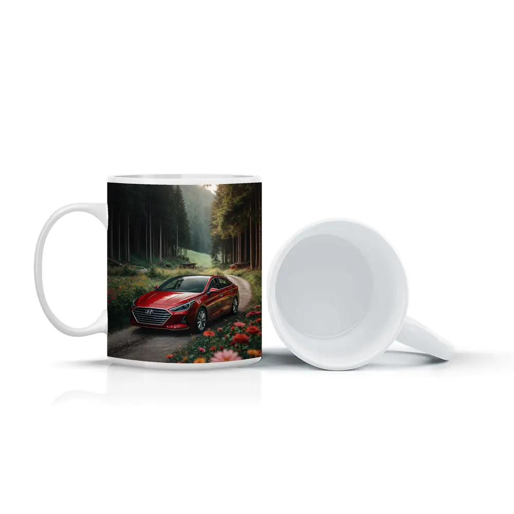 Hyundai Sonata Red Sedan Forest Road – Mugs