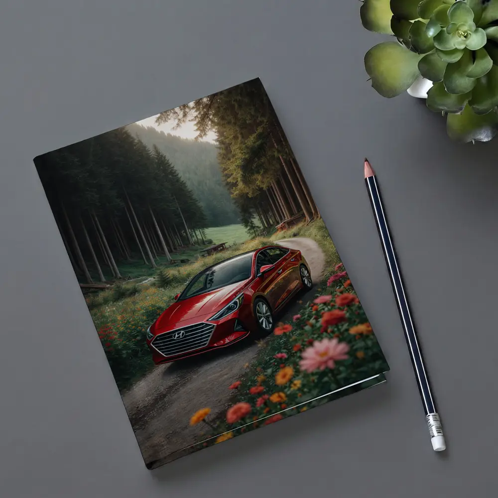 Hyundai Sonata Red Sedan Forest Road – Notebooks