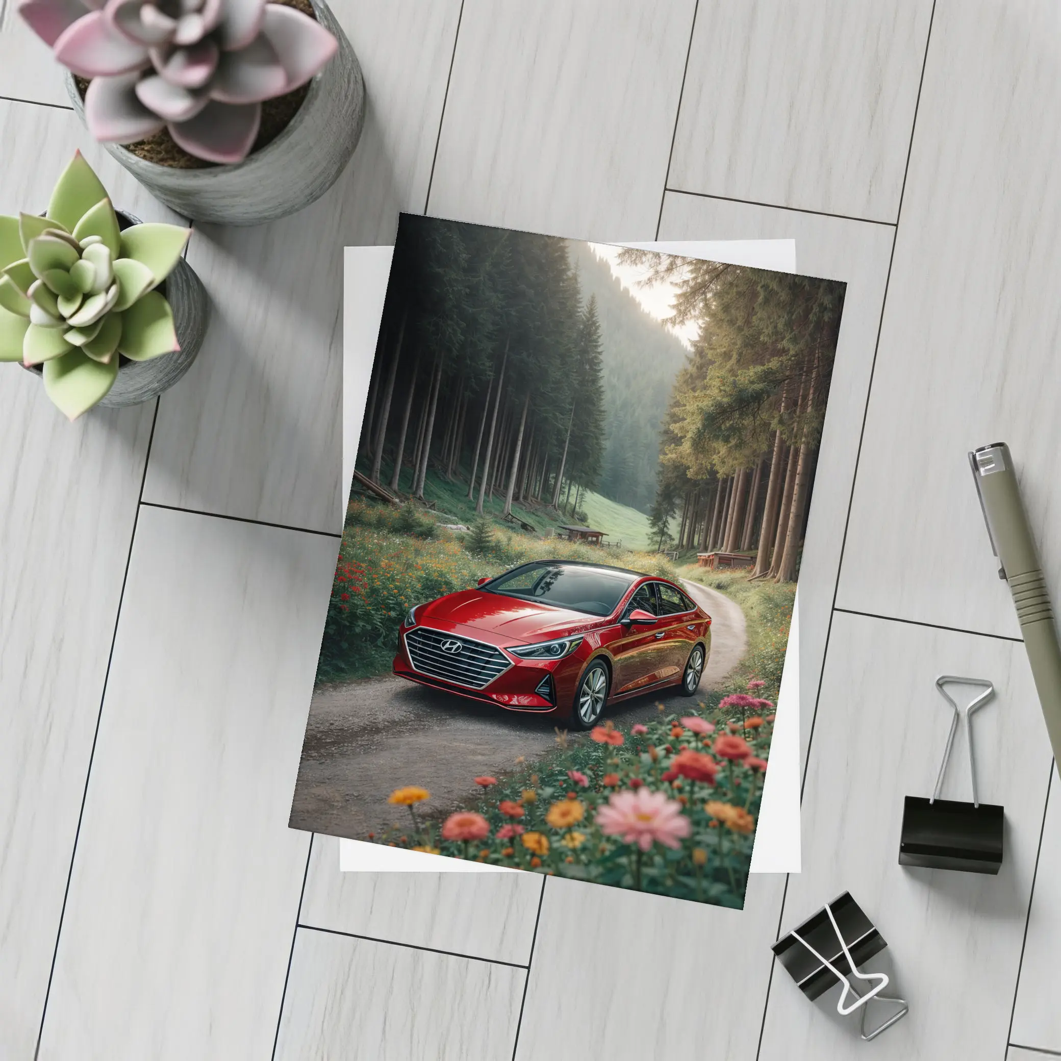Hyundai Sonata Red Sedan Forest Road – Postcards