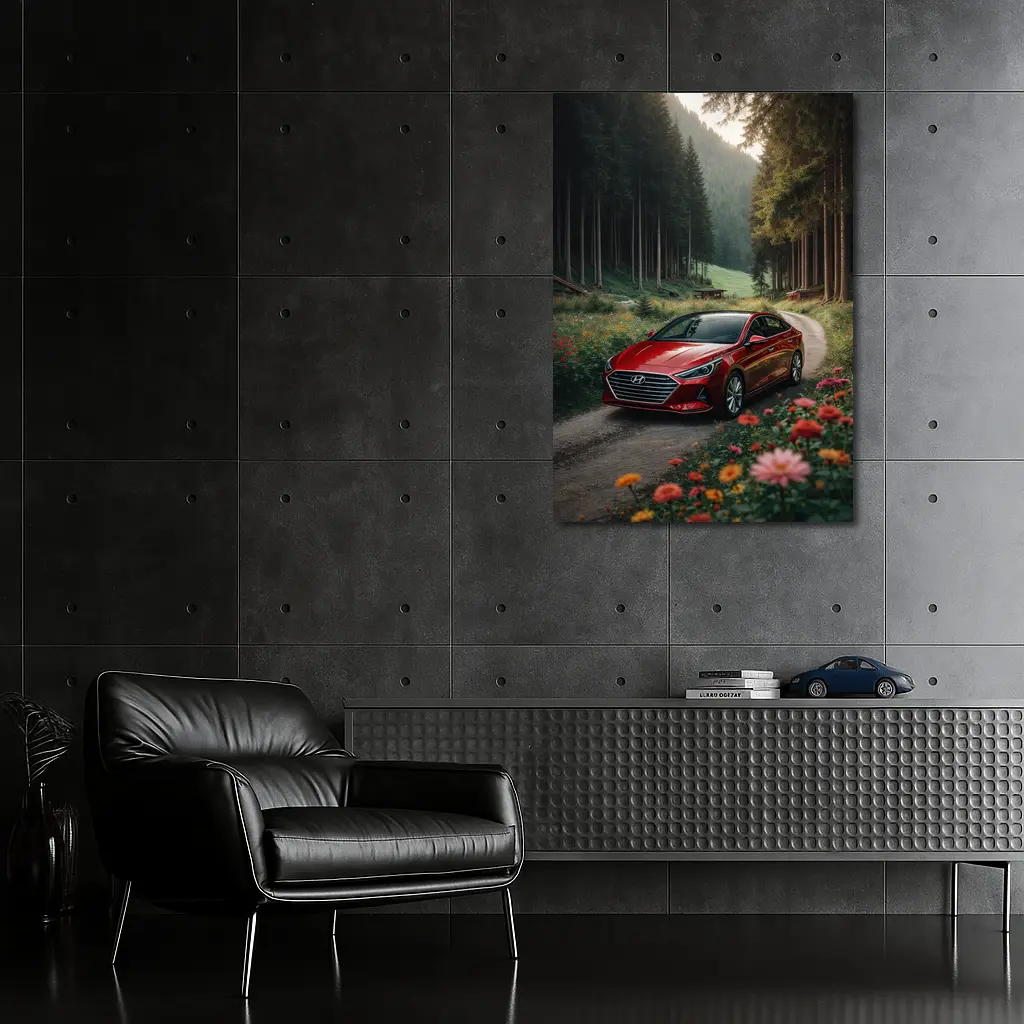 Hyundai Sonata Red Sedan Forest Road – Wall Art