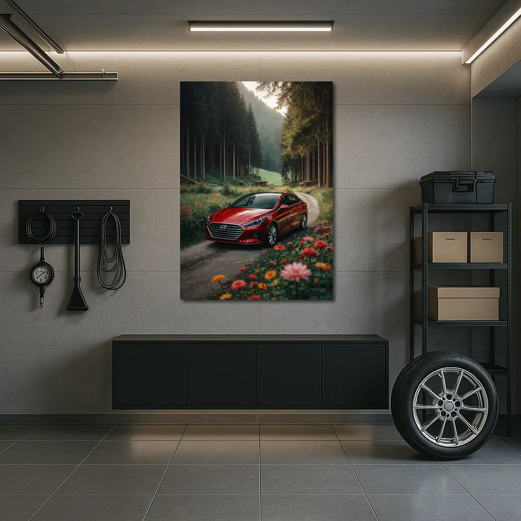 Hyundai Sonata Red Sedan Forest Road – Wall Art