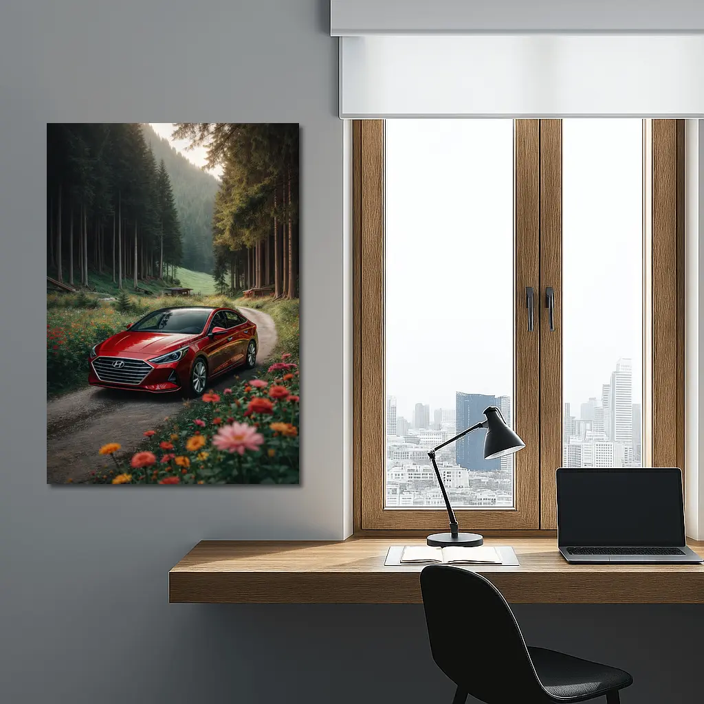 Hyundai Sonata Red Sedan Forest Road – Wall Art