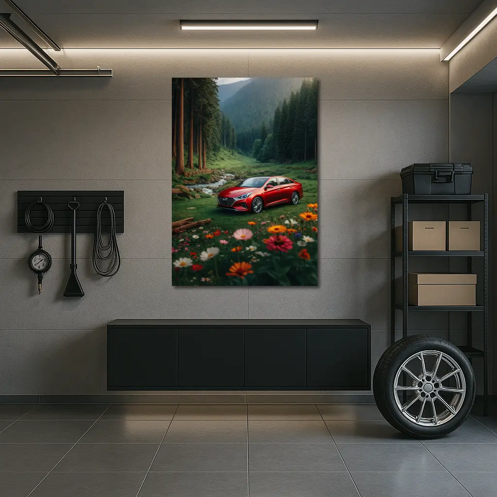 Hyundai Sonata Red Sedan Forest Valley – Wall Art