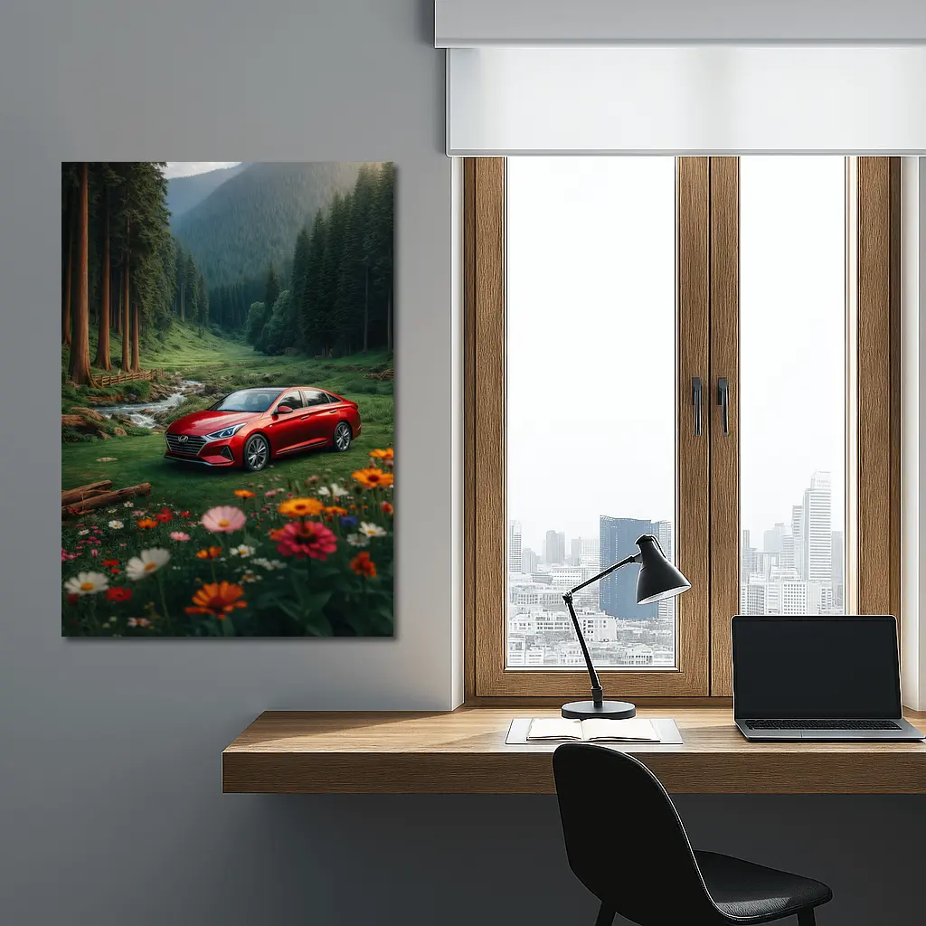 Hyundai Sonata Red Sedan Forest Valley – Wall Art