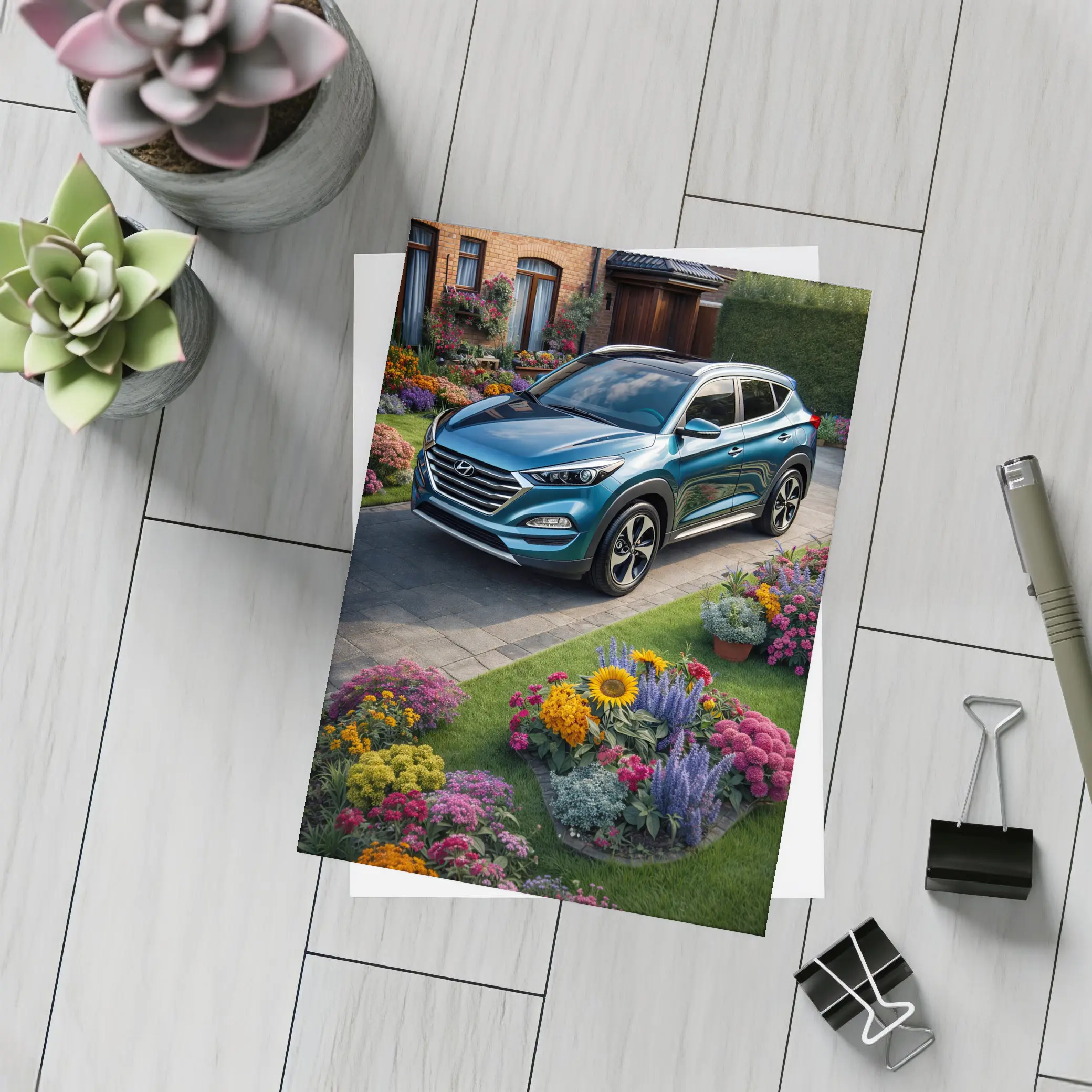 Hyundai Tucson Blue SUV Garden Driveway – Postcards