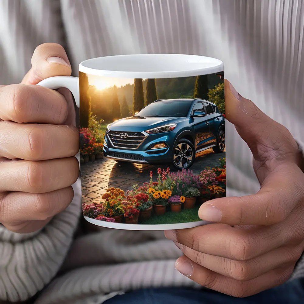 Hyundai Tucson Blue SUV Garden Sunset – Mugs