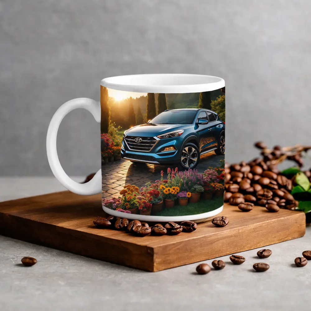 Hyundai Tucson Blue SUV Garden Sunset – Mugs