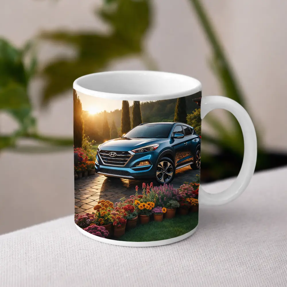 Hyundai Tucson Blue SUV Garden Sunset – Mugs