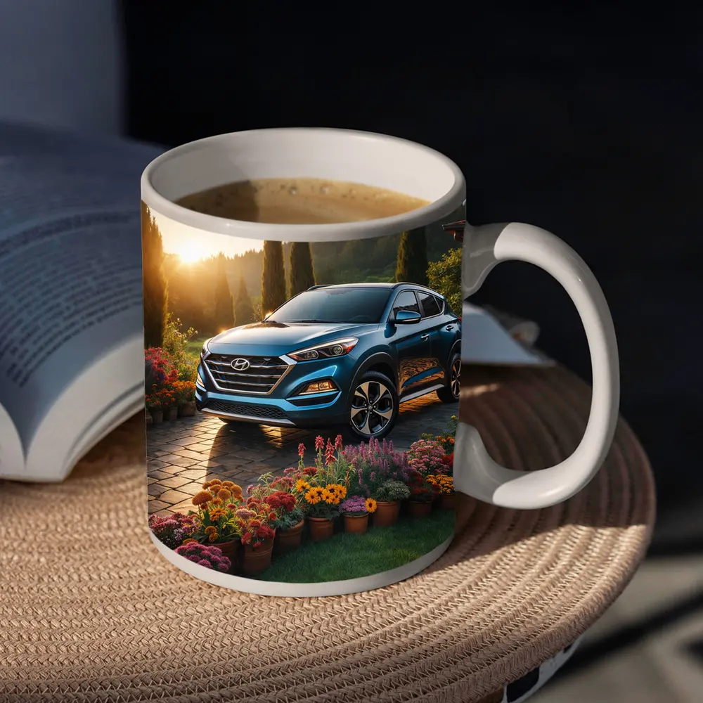 Hyundai Tucson Blue SUV Garden Sunset – Mugs