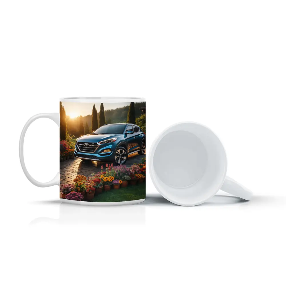 Hyundai Tucson Blue SUV Garden Sunset – Mugs