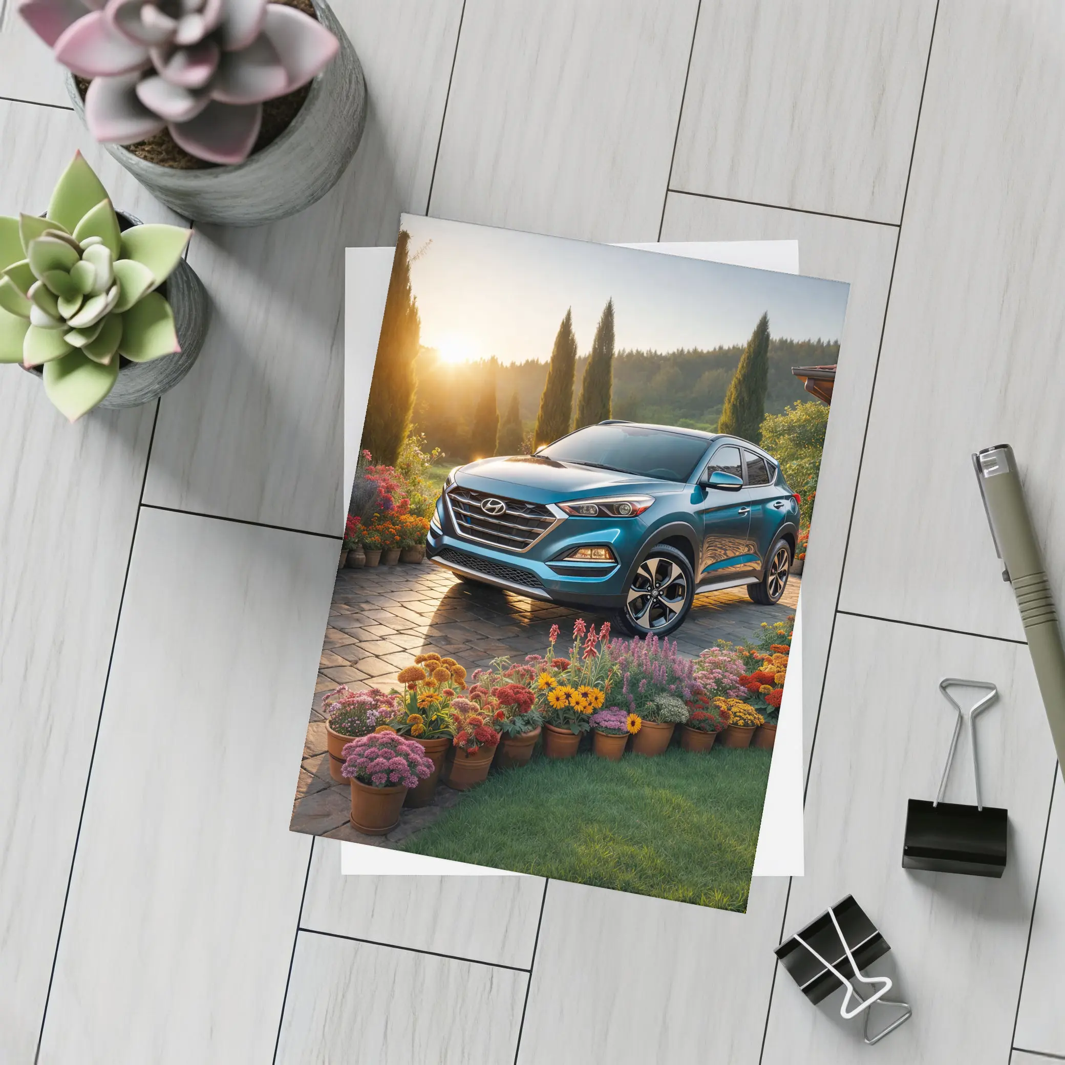 Hyundai Tucson Blue SUV Garden Sunset – Postcards