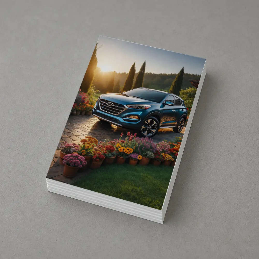 Hyundai Tucson Blue SUV Garden Sunset – Postcards
