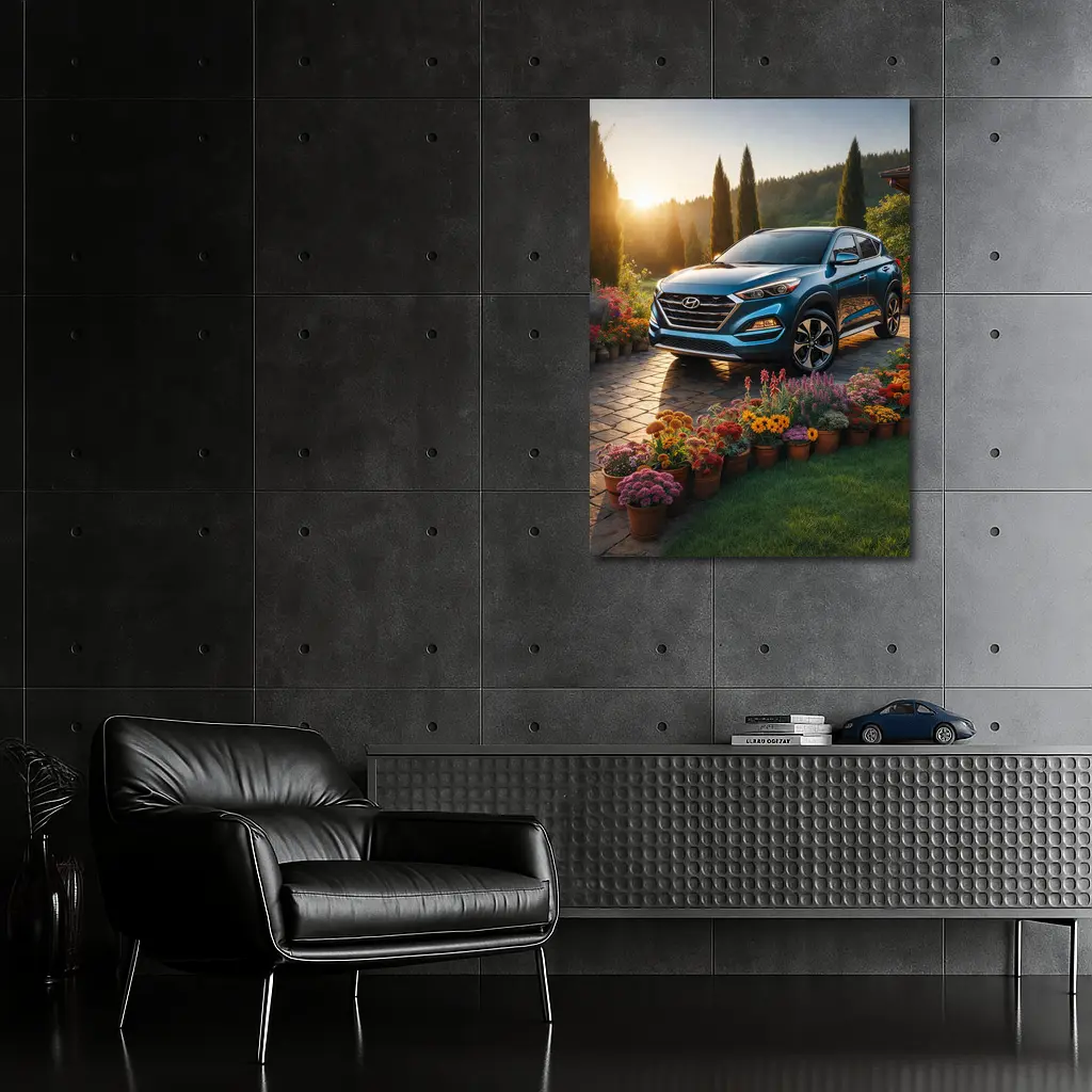 Hyundai Tucson Blue SUV Garden Sunset – Wall Art